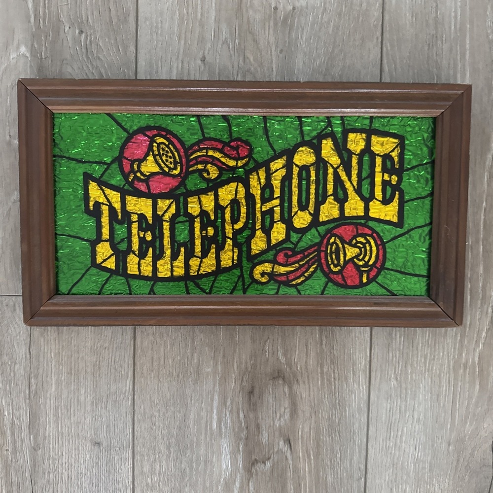 Vintage Faux Stained Glass TELEPHONE Sign Framed Wood Decor 13.5" x7.5" Retro
